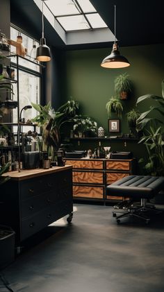 a room filled with lots of plants next to a desk and chair in front of a window