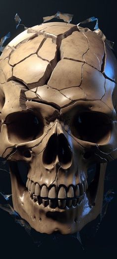 a human skull is shown with broken glass on it's face and the lower part of its head visible