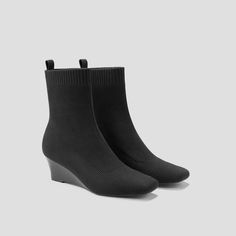 Margot Wedge Bootie Water Repellent Wedge Boots in Black | VIVAIA Professional Boots, Sole Sisters, Wedge Bootie, Recycled Cardboard, Wedge Boots, Medical Professionals, Cleaning Clothes, Wedge Heels, Water Repellent