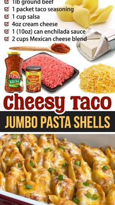 cheesy taco jumbo pasta shells recipe with text overlay that reads, cheesy taco jumbo pasta shells