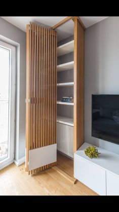 a living room with a television and book shelf