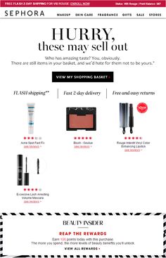 the sephora website is shown in red and black, with text that reads hurry these may sell out