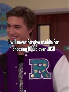 a man in a purple jacket with the words i will never forgive maddie for choosing digit