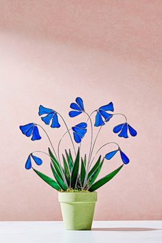 a potted plant with blue butterflies sitting on it's side, in front of a pink wall