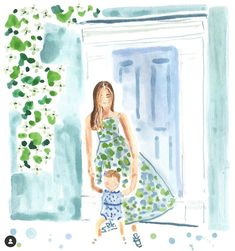 a watercolor painting of a woman and child standing in front of a window with green plants