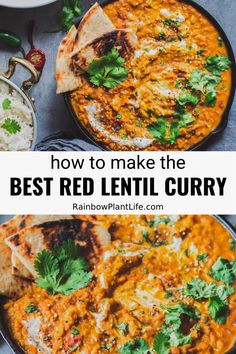 the best red lentil curry recipe in a skillet with pita bread and cilantro