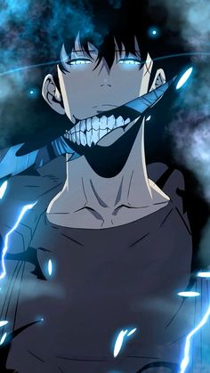 an anime character with his mouth open and lightning coming out of the sky behind him