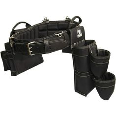 a black leather dog carrier with four matching pouches