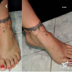 two pictures of the same person's feet with tattoos on them, one has a chain