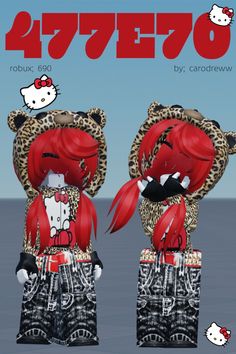 two hello kitty dolls with red hair and leopard print on them, both wearing matching outfits