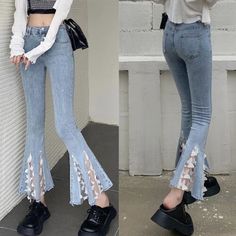 two pictures of a woman wearing high waisted jeans with holes in the side and bottom