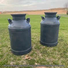 two large black vases sitting in the grass