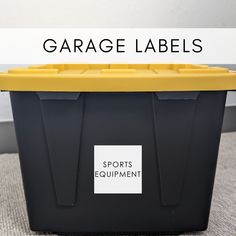 the words garage labels are in front of a black plastic container with yellow lid and bottom