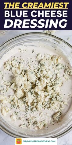 blue cheese dressing in a glass bowl with text overlay