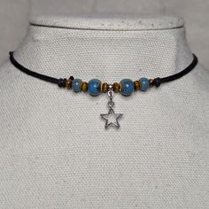 Star Charm Blue Ceramic Wooden Beaded Boho Hippie Y2k Adjustable Black Rope Cord Choker Necklace Comes On An Adjustable Waxed Black Cord Necklace. Necklace Is Adjustable From Approximately 13" To 22". Cute Homemade Beaded Necklaces, Rope Choker Necklace, Blue Hippie Jewelry, Hippie Bead Jewelry, Fall Beaded Chokers, Y2k Choker Necklace, Choker Necklace Beaded, Cute Homemade Necklaces, Star Beads Pattern