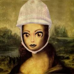 a painting of a woman with big eyes and a white hat on top of her head