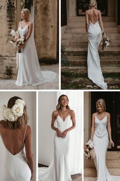 the bride in her wedding dress is posing for pictures and holding flowers on her head