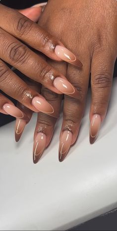 Neutral Nails Almond Shape With Design, Short Cute Nails Acrylic Summer, Bridal Nails Dark Skin, Center Ombre Nails, Dope Nail Designs Almond Short, Gel X Nails Ideas, Almond Nails Black Women, Nail Inspo Black Women, Nail Ideas For Dark Skin