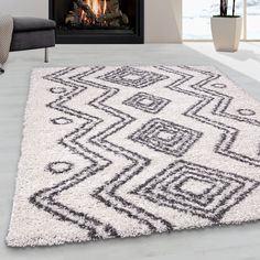 a living room with a fire place and rugs on the floor in front of it