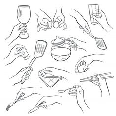 hands holding utensils and spoons in different positions