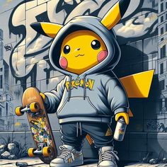 a cartoon pikachu holding a skateboard in front of a graffiti covered wall