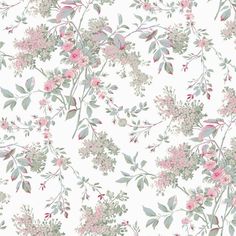 a white wallpaper with pink flowers and green leaves