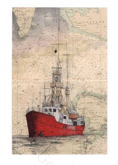 a drawing of a red boat in the water with a map on it's side