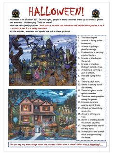 a page from the children's halloween book, with pictures of houses and people