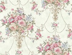 a blue wallpaper with pink and white flowers on the top, in an ornate pattern