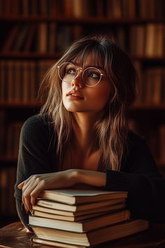 a woman wearing glasses sitting at a table with books