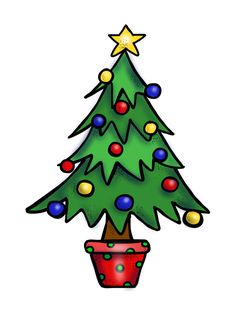 a drawing of a christmas tree in a pot with lights on it's top