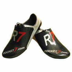 two black shoes with red and white letters on the bottom, one is for rocket 7 com