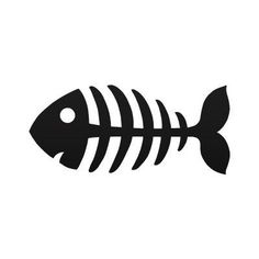 a black and white fish skeleton on a white background