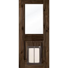 a wooden door with a mirror on the front and side paneled in brown wood