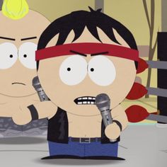 two cartoon characters are standing in front of a boxing ring and one is holding a microphone