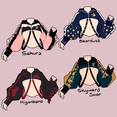 four different types of cosplay jackets with the names on them and their colors