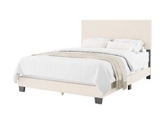 Boucle queen bed with cream fabric upholstery, tufted headboard, and sleek wooden legs. Boucle Bed, Fabric Upholstered Bed, Cushion Headboard, Queen Size Bed Frames, Padded Headboard, Wood Bed Frame, Bedroom Retreat, Wood Bed, Cozy Fabric