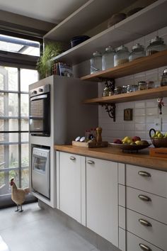 a chicken standing in the middle of a kitchen with white cabinets and open shelving