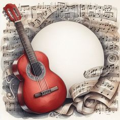 a red guitar sitting on top of music notes with a white circle in the middle