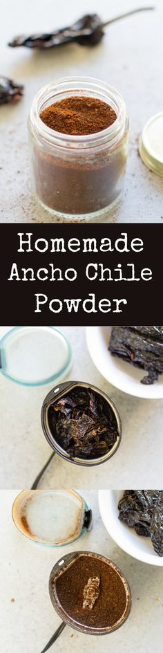 homemade ancho chile powder in small bowls with spoons