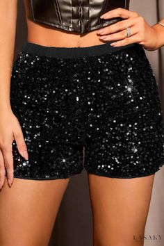 Lasaky - High-Waisted Straight Bottoms with Celebrities-Inspired Solid Sequin Patchwork Short Women Fashion, Sequin Decor, High Waist Shorts, Sequin Shorts, Shorts Casual, Inspirational Celebrities, Hipster Fashion, Summer Fabrics, Small Dress