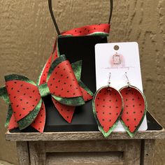 Watermelon Headband, Leather Leaf Earrings, Headband Summer, Long Bow, Diy Leather Earrings, Watermelon Pattern, Leather Leaf, Bow Headband Hairstyles, Leather Diy Crafts