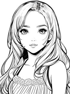 a girl with long hair and big eyes is drawn by hand in black and white