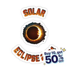 an eclipse sticker with the words solar eclipse and 50 % off written below it