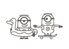 two minion characters are standing next to each other with skateboards in their hands