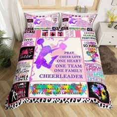 a bed covered in pink and purple sheets