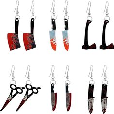 Just Follow 6 Pairs Punk Knife Dagger Drop Dangle Earring Set Gothic Acrylic Printed Knife Earring for Women Girl Teen Hip Hop Halloween Party Jewelry With Box Knife Earrings, Tv Horror, Earring For Women, Halloween Earrings, Earring Crafts, Earring Patterns, Party Jewelry, Halloween Patterns