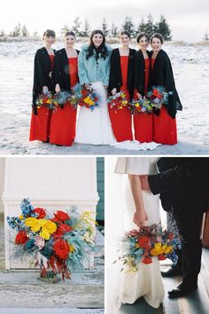 the bridesmaids are dressed in red, white and blue for their winter wedding