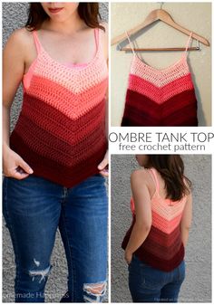 a crocheted tank top is shown in three different colors and has an open back