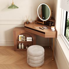 a desk with a mirror, stool and other items on it